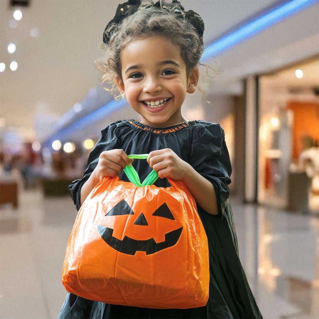 Group of children in Halloween costumes with pumpkins and trick